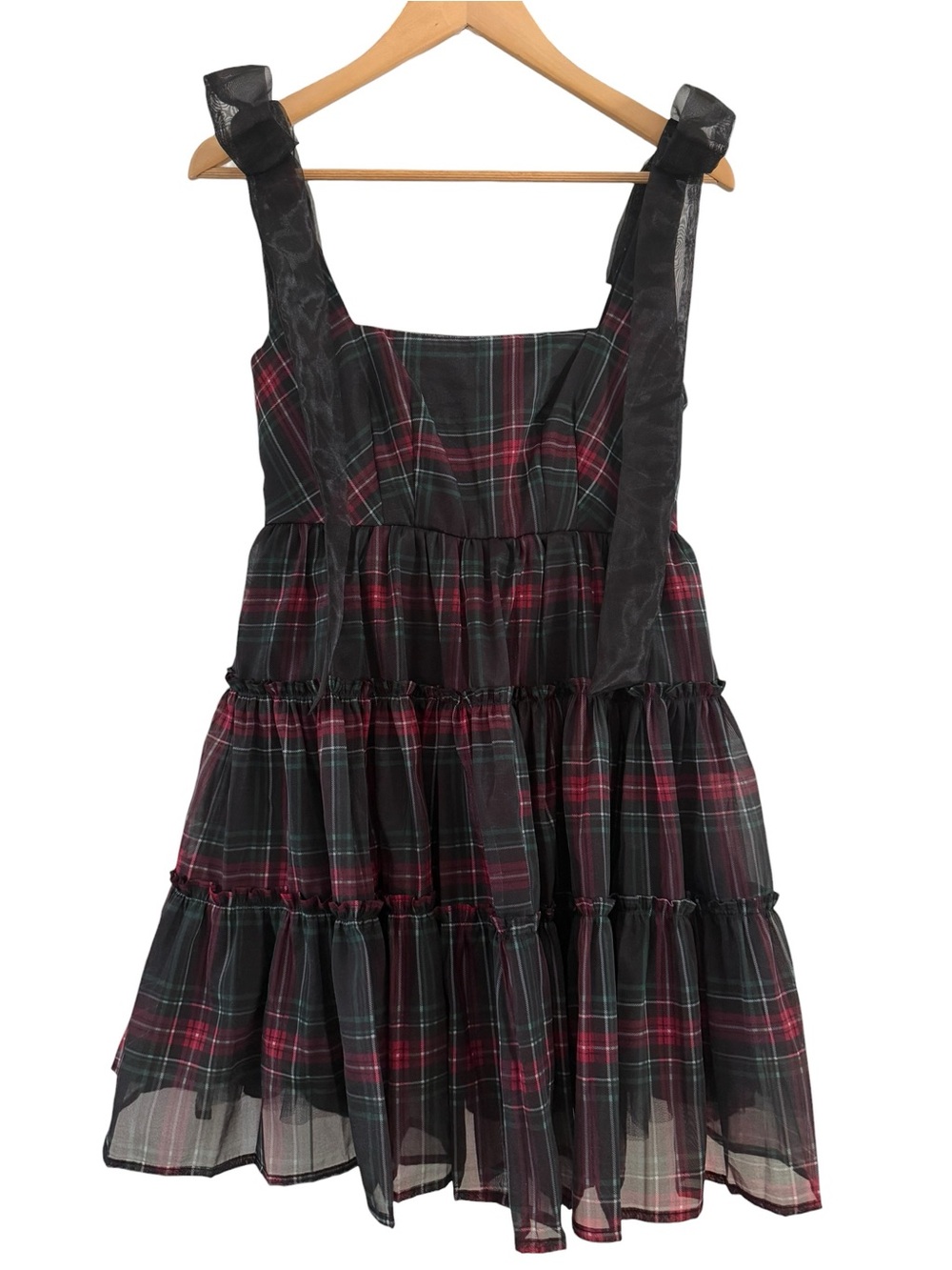 Holiday Mini Dress Tartan Plaid Sheer Tie Straps Poofy Ruffle Skirt NEW Small